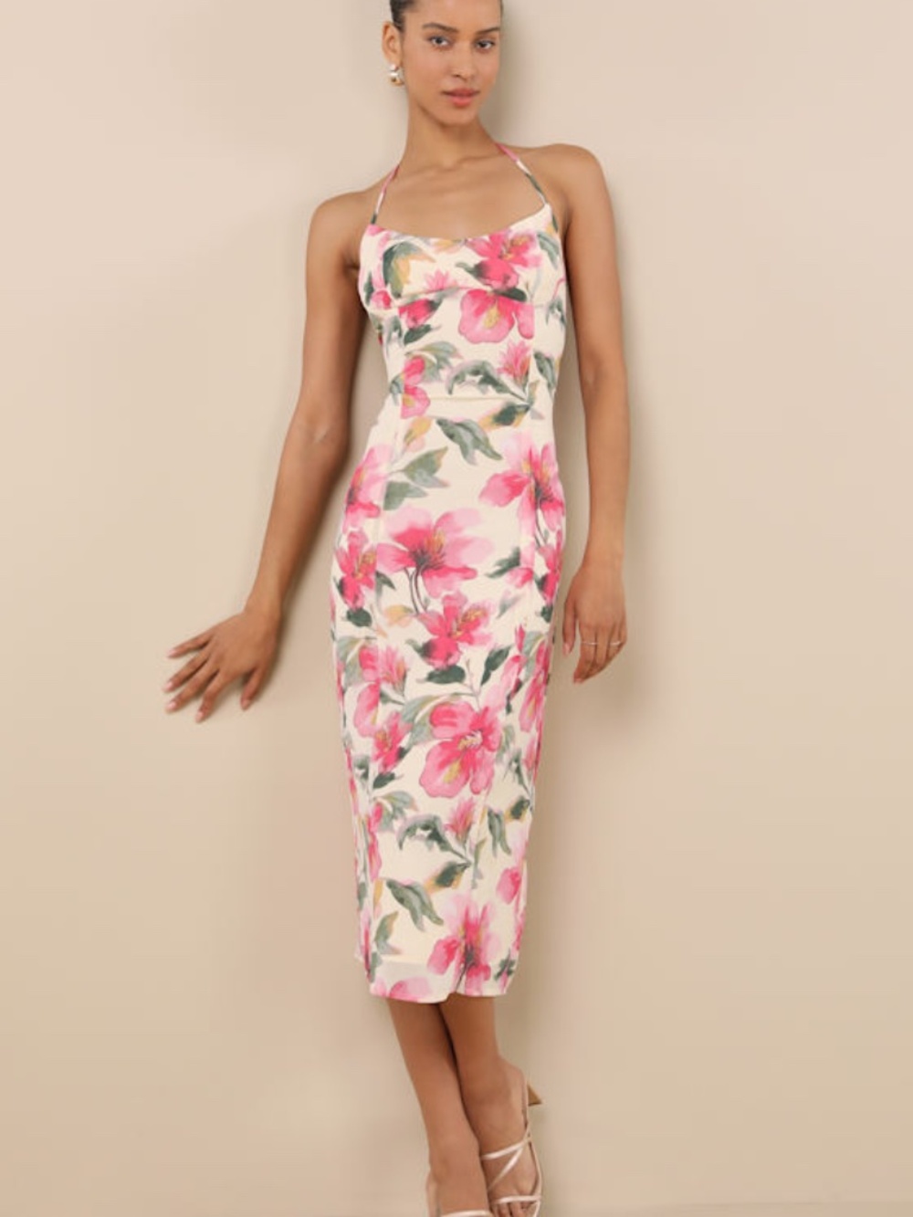 Lulus Harleigh Light Yellow Floral Column Halter Midi Dress - Size M